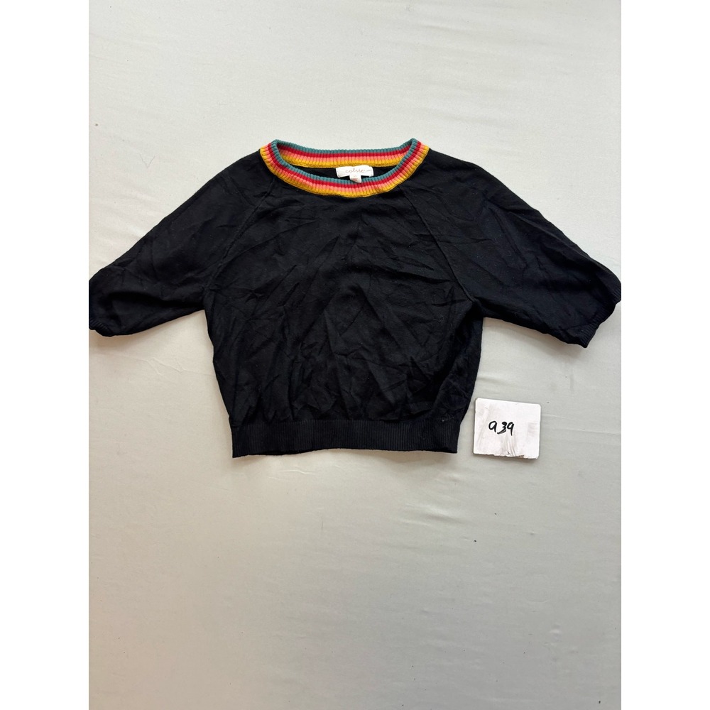 Colsie Womens Black Rainbow Striped Ringer Neck Short Sleeve Knit Sweater XS